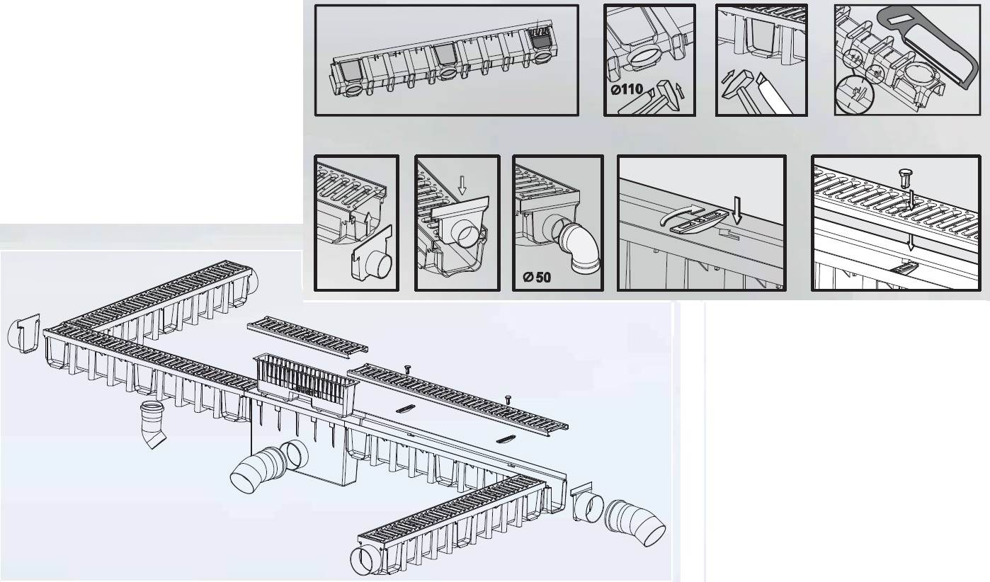 Žlab vysoký PP 131x1000x148 s černou PP mřížkou do 1,5 A15